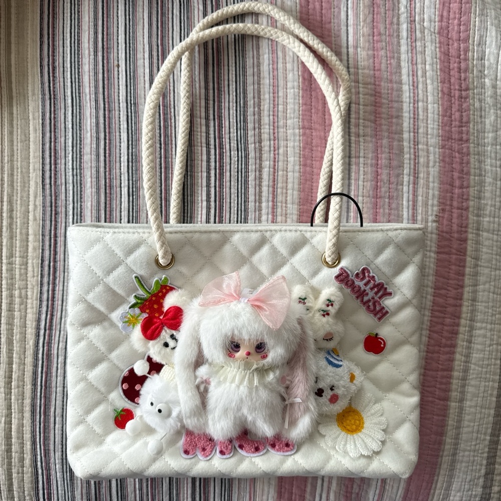 Charming White Quilted Tote Bag with Cute Embellishments